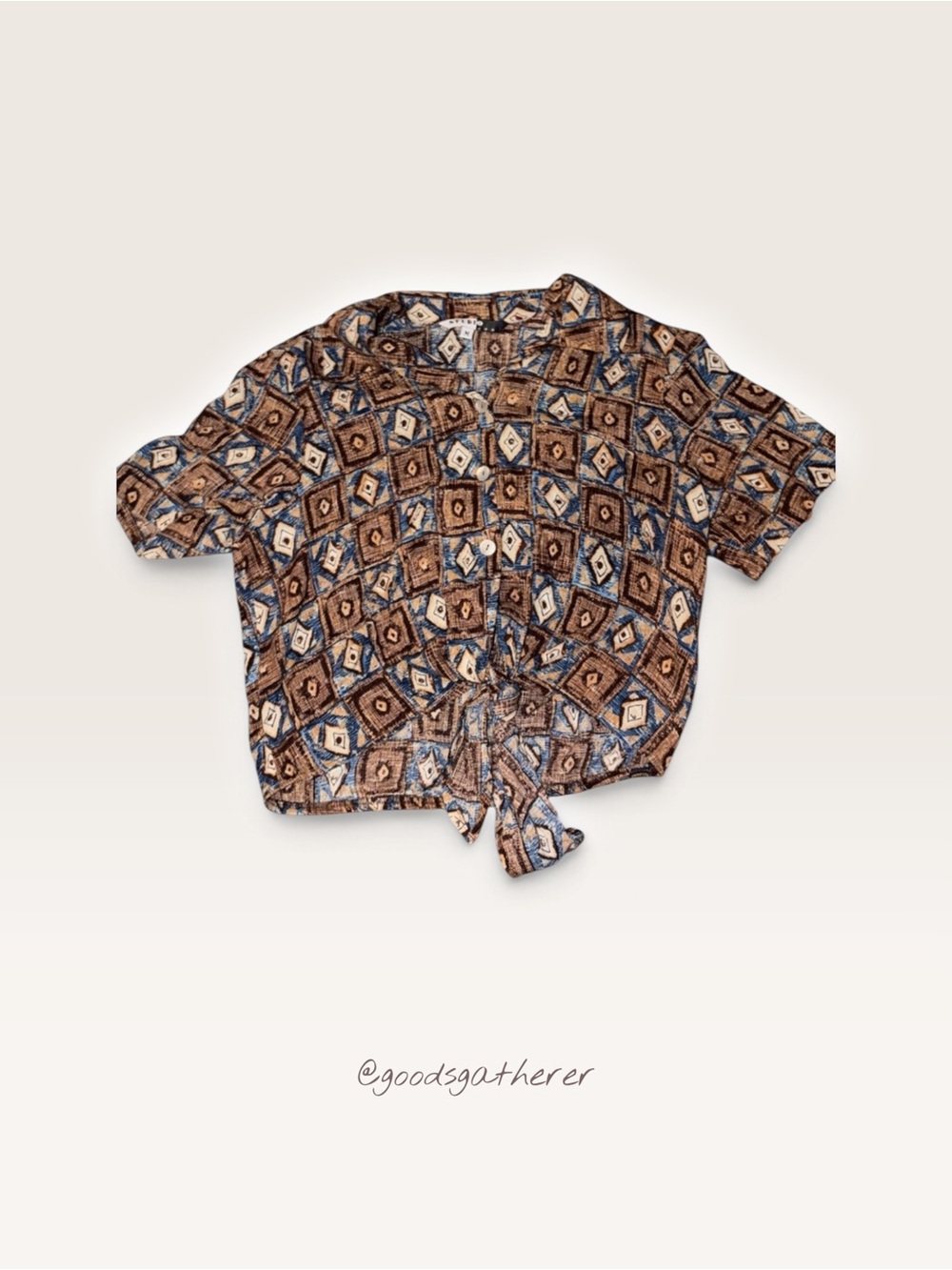 Studio JPR Women’s M Geometric Tie Front Blouse Brown Blue 90s Y2K
